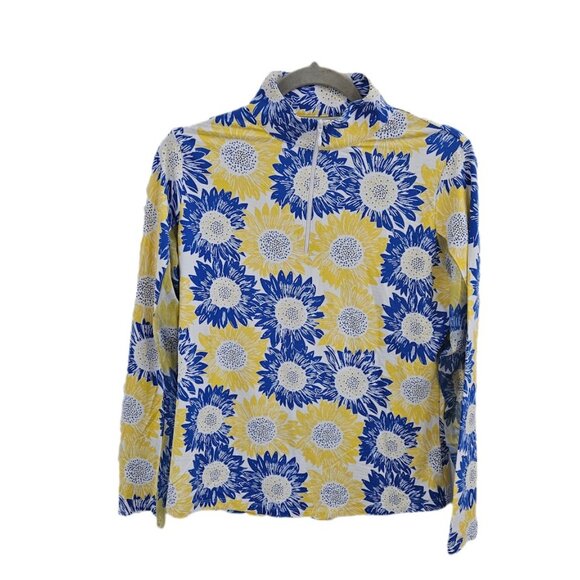 IBKUL Ruthie Sunflower UPF 50 Long Sleeve Quarter Zip Mock Neck Top Yellow Blue - Picture 3 of 14